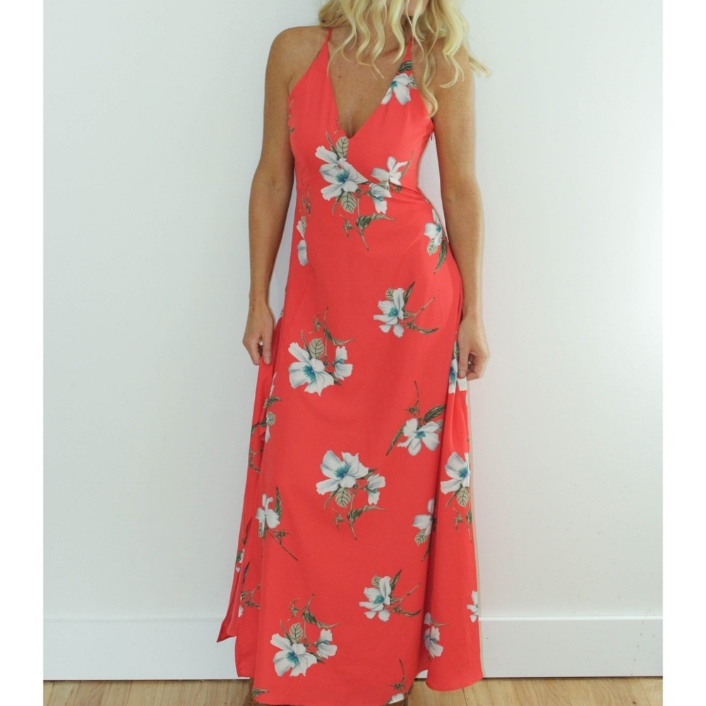 Red floral maxi summer sun dress cross back